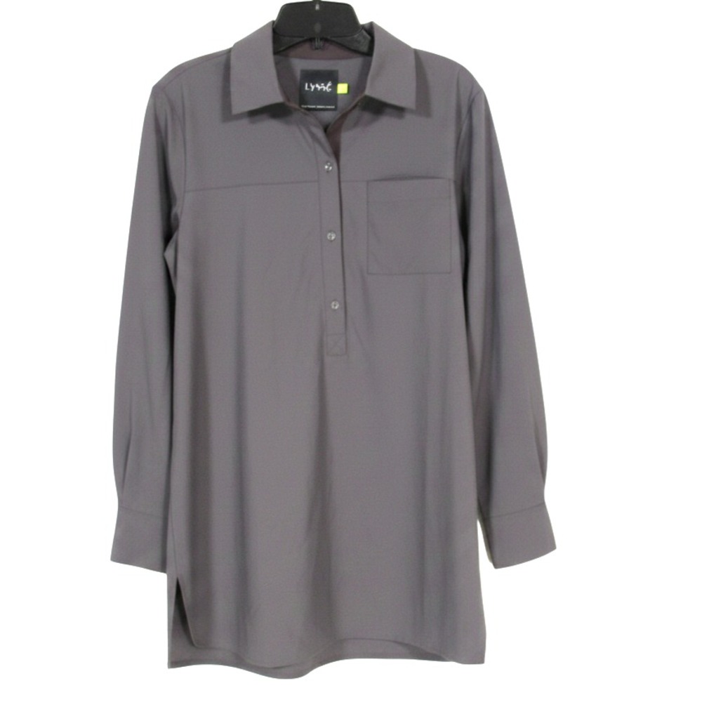 LYSSE Charcoal Grey WRINKLE-FREE 1/2 Button 1-POCKET Raw Hem BLOUSE/TUNIC Sz M
